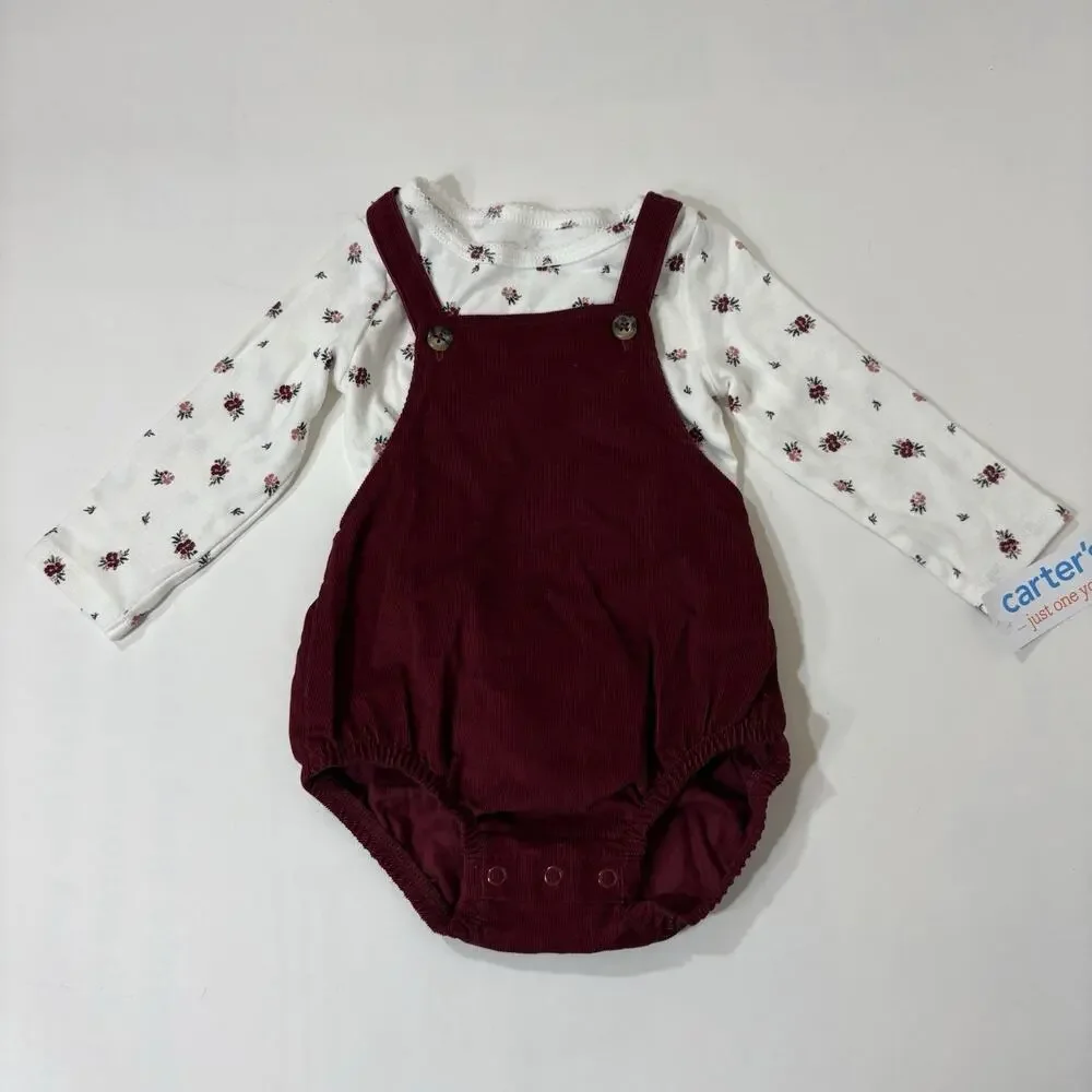Carter's Baby Girl's Floral Bubble Romper Long Sleeve T-Shirt Burgundy Red 9m